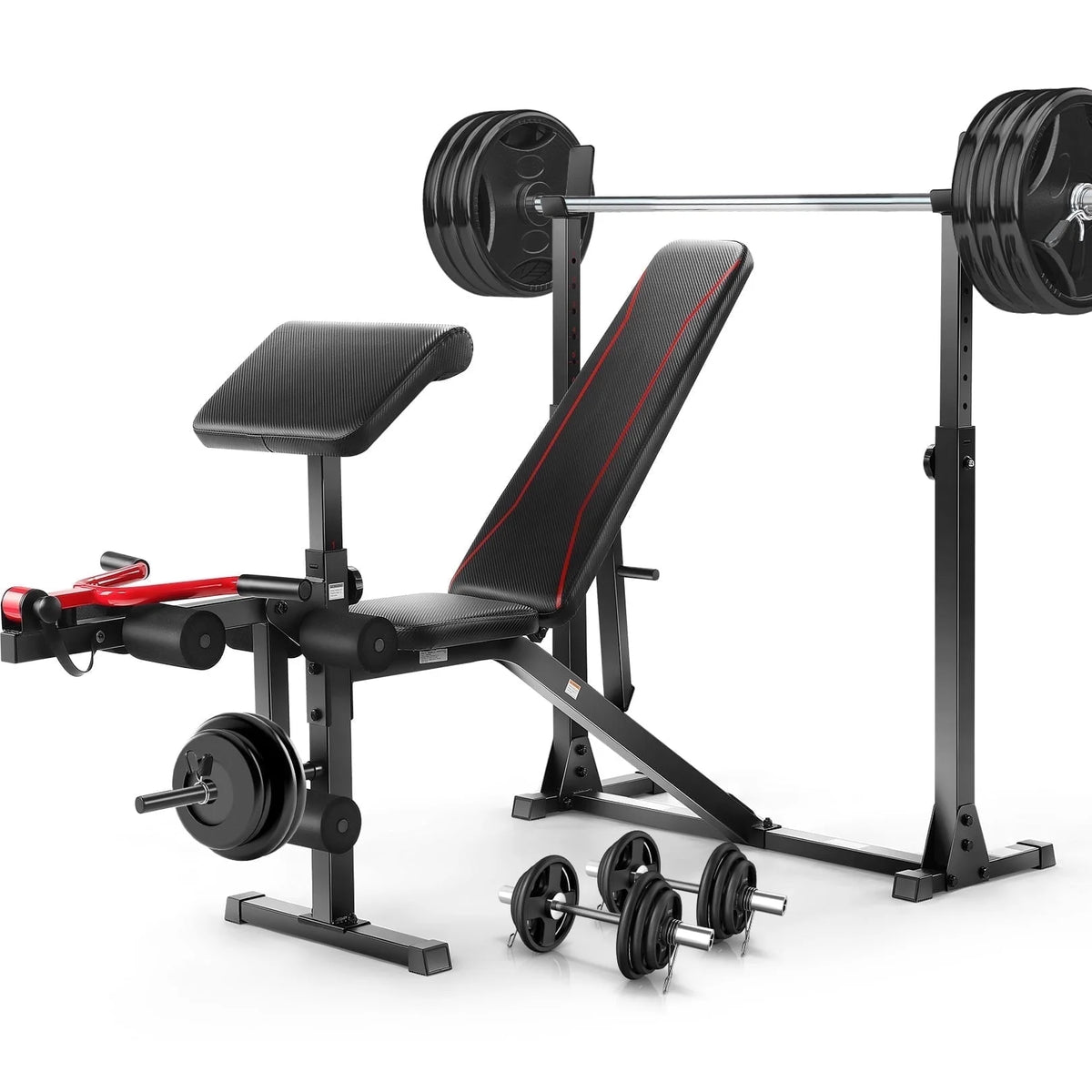 900LBS Olympic Weight Bench Set Adjustable Weight Bench with Barbell Rack, Preacher Curl, Leg Extension Multi-Purpose Workout Bench Set Full Body Strength Training