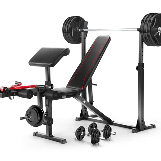 900LBS Olympic Weight Bench Set Adjustable Weight Bench with Barbell Rack, Preacher Curl, Leg Extension Multi-Purpose Workout Bench Set Full Body Strength Training