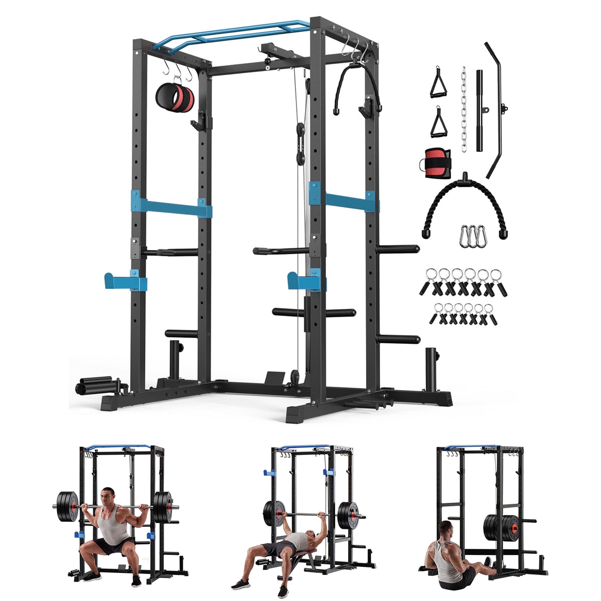 Power Cage, 1200Lbs Multi-Function Power Rack with Lat Pulldown and Pulley System and More Training Attachment, Weight Cage for Home Gym