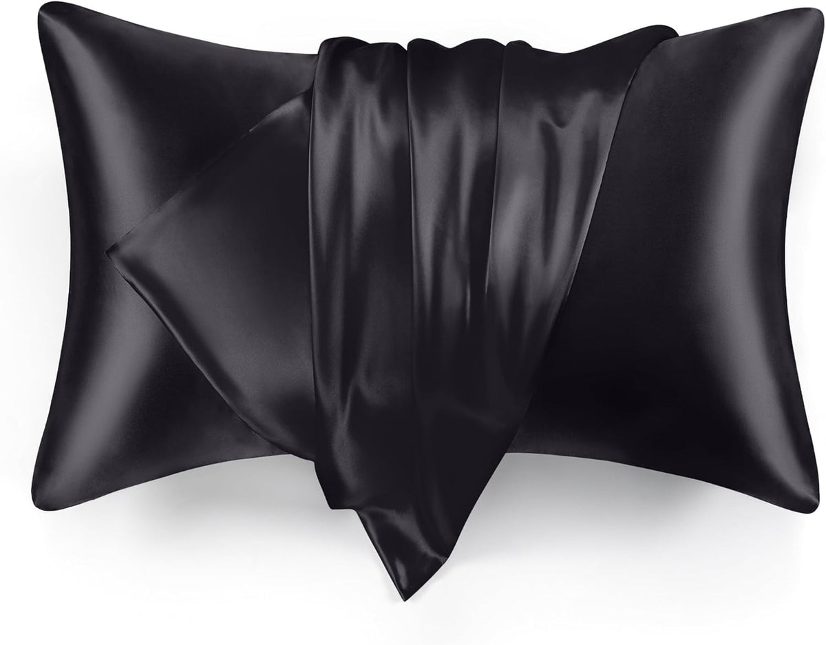 Satin Pillowcase for Hair and Skin, Similar to Silk Pillow Cases for Women, Pillow Case Queen Size Set of 2, Satin Cooling Pillow Cover with Envelope Closure, 20X30 Inches, Black