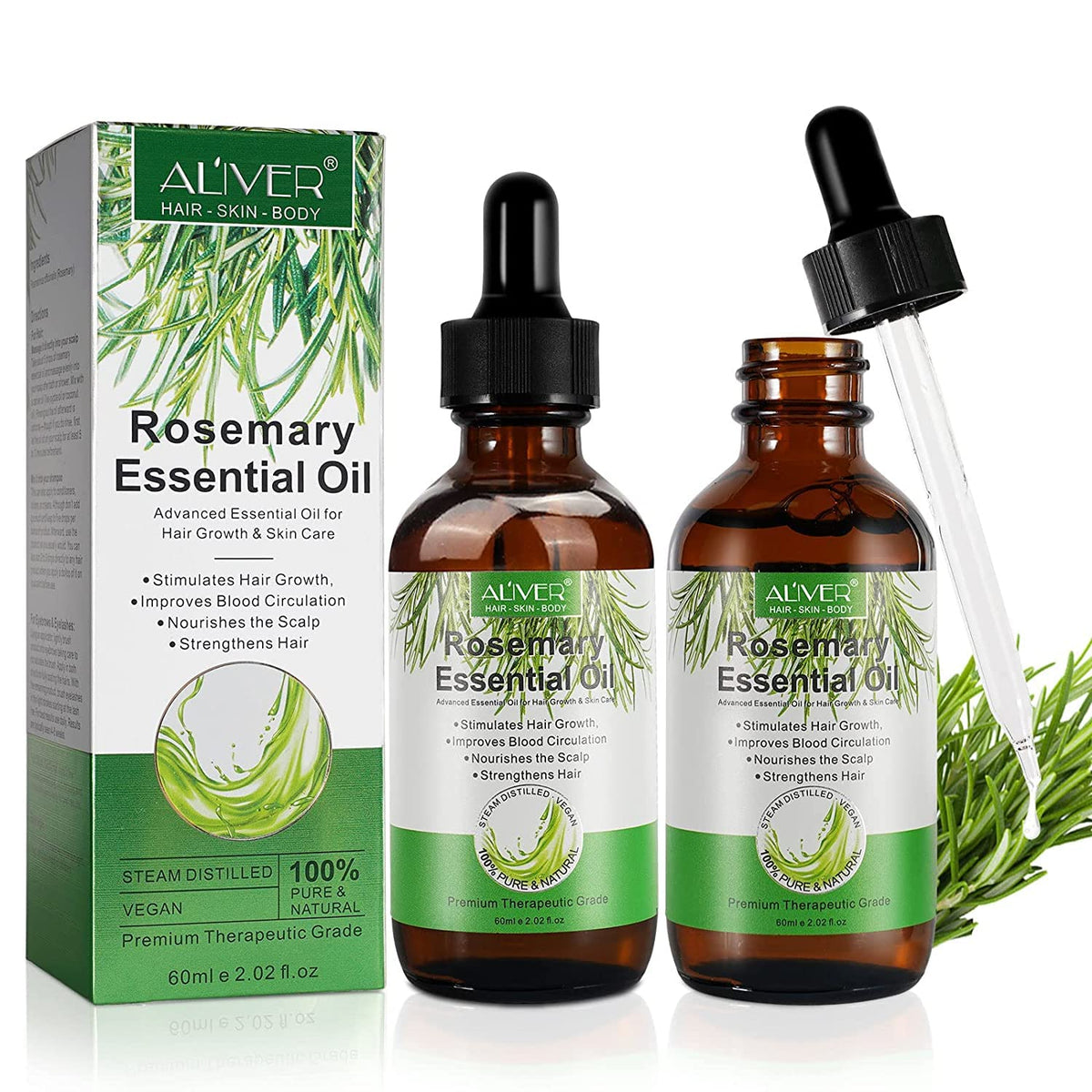 Pure Natural Rosemary Essential Oils - 2 Pack, Hair Growth Scalp Oil for Dry Damaged Hair(2.02 Fl Oz)
