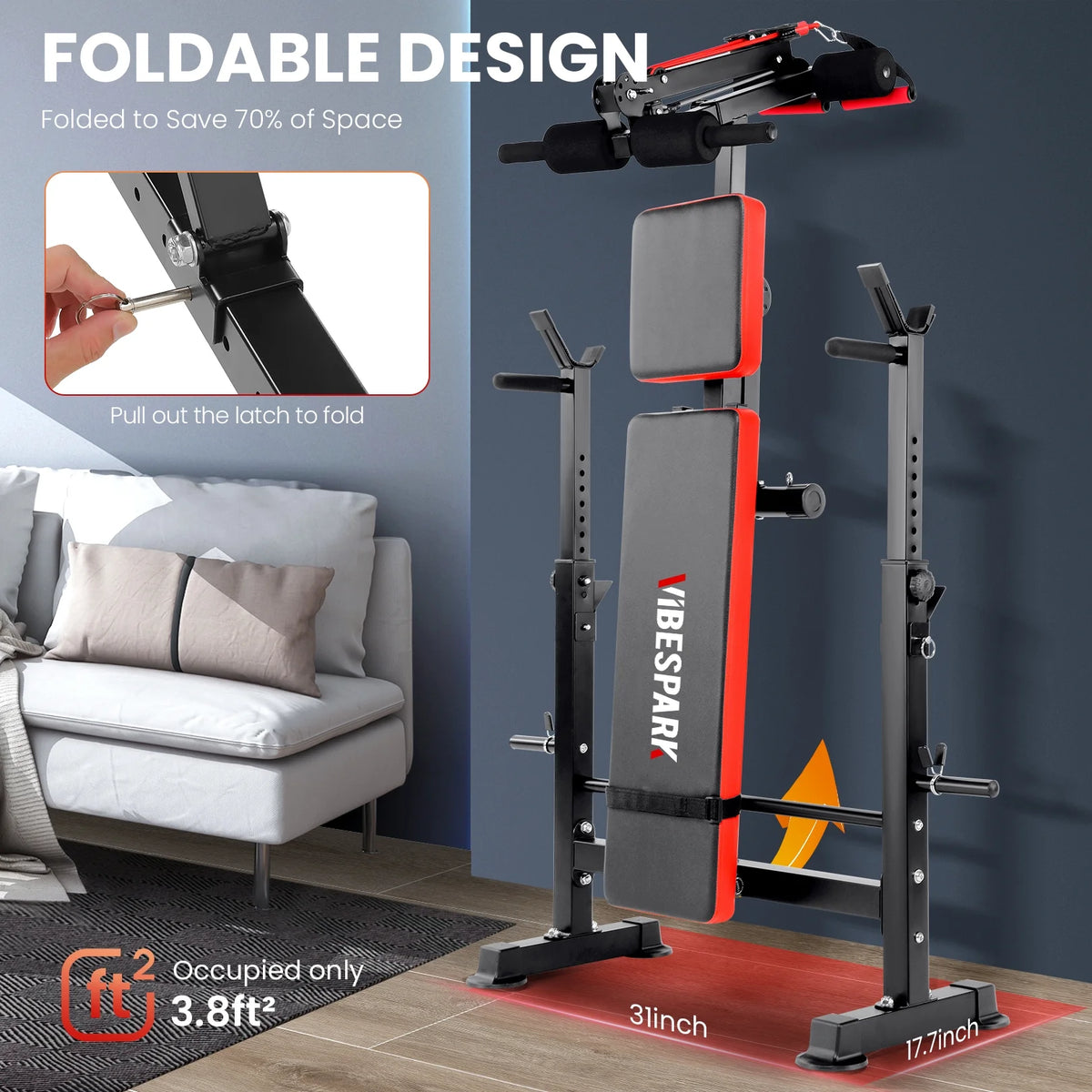 6-In-1 Adjustable Weight Bench Set Bench Press with Squat Barbell Rack/Removable Foot Catch/Rowing Set Ideal for Incline, Flat, Decline, and Sit up Full Body Exercise Equipment