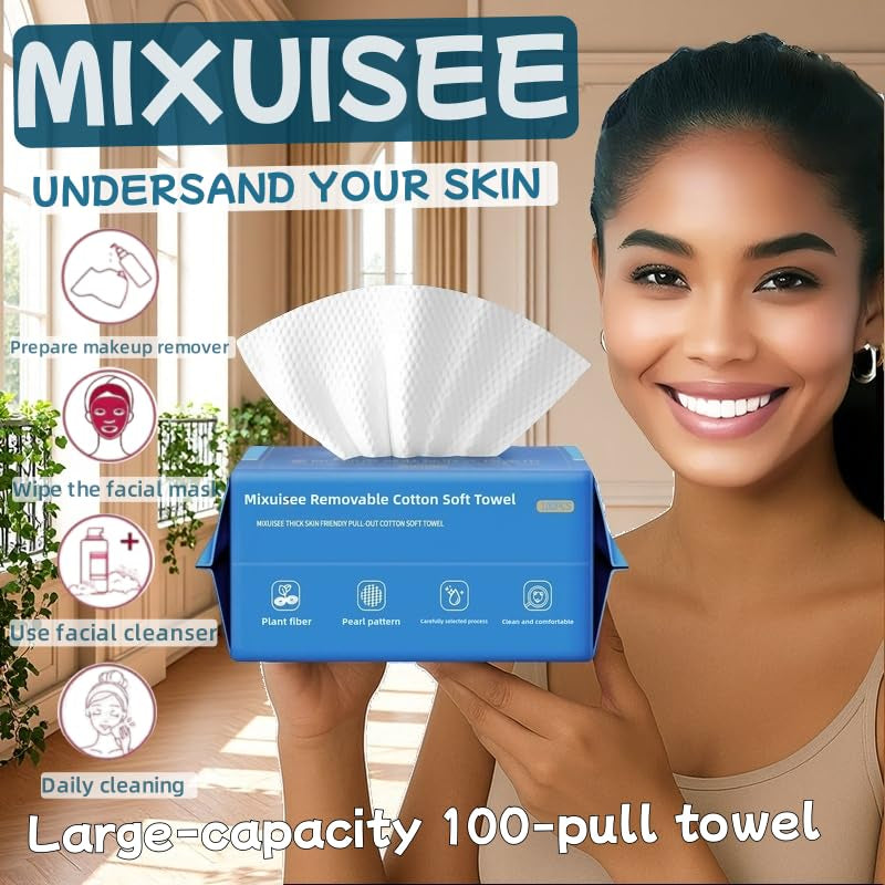 Disposable Face Towels,  Thick and Soft Face Towels. 100% Pure Cotton, Super Thick 130%. Suitable for Makeup Removal and Cleansing, and Applicable to Sensitive Skin. (100 Pieces)