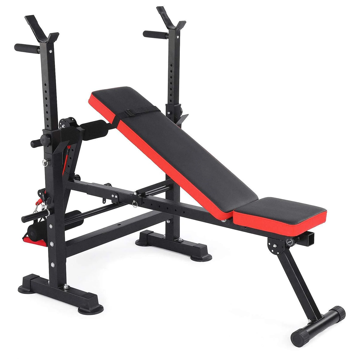 6-In-1 Adjustable Weight Bench Set Bench Press with Squat Barbell Rack/Removable Foot Catch/Rowing Set Ideal for Incline, Flat, Decline, and Sit up Full Body Exercise Equipment