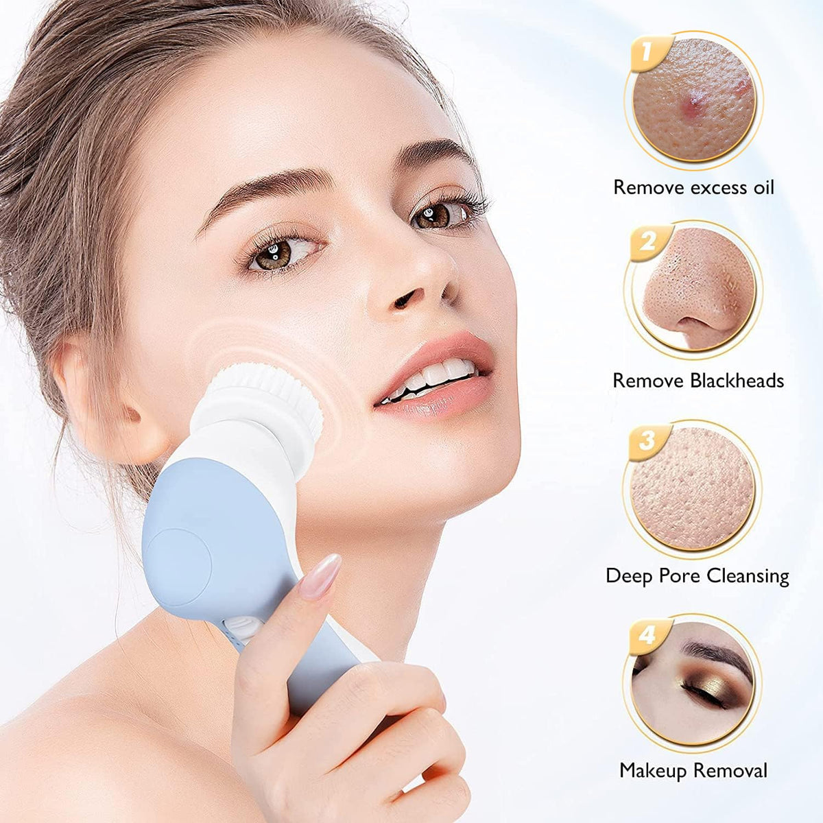 Facial Cleansing Brush Silicone Face Scrubber: 2 In1 FBS-D Electric Exfoliating Massage Device Waterproof Deep Cleaning Exfoliation Rotating Spa Machine - Electronic Skin Care Wash Clean System