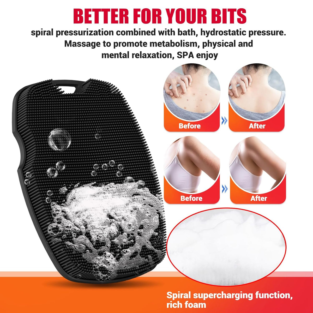 Silicone Body Scrubber anti Slip for Shower - Zinc Infused Highly Elastic Bristles Exfoliating Body Scrubber for Gym Shower,Hygienic,Blood Circulation - Black