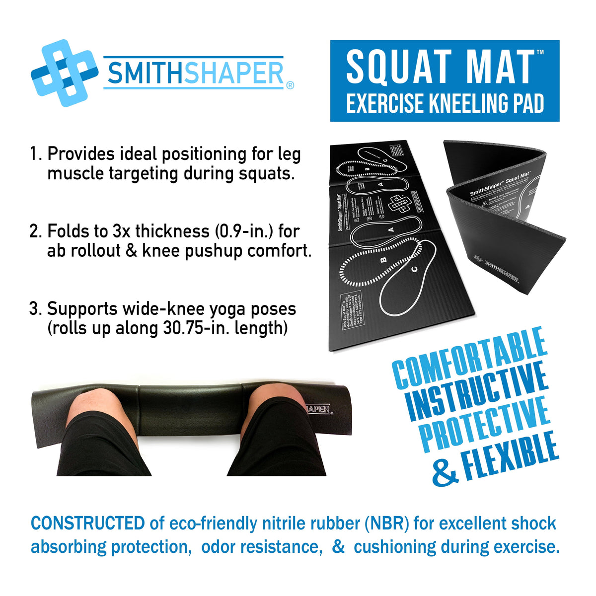 Squat Mat Exercise Kneeling Pad | 30.75-Inch Mat for Leg Muscle Targeting | Folds to 0.9-In. Thick Knee Pad - Ab Rollouts - Knee Pushups | Cushion Elbows - Planks | Black