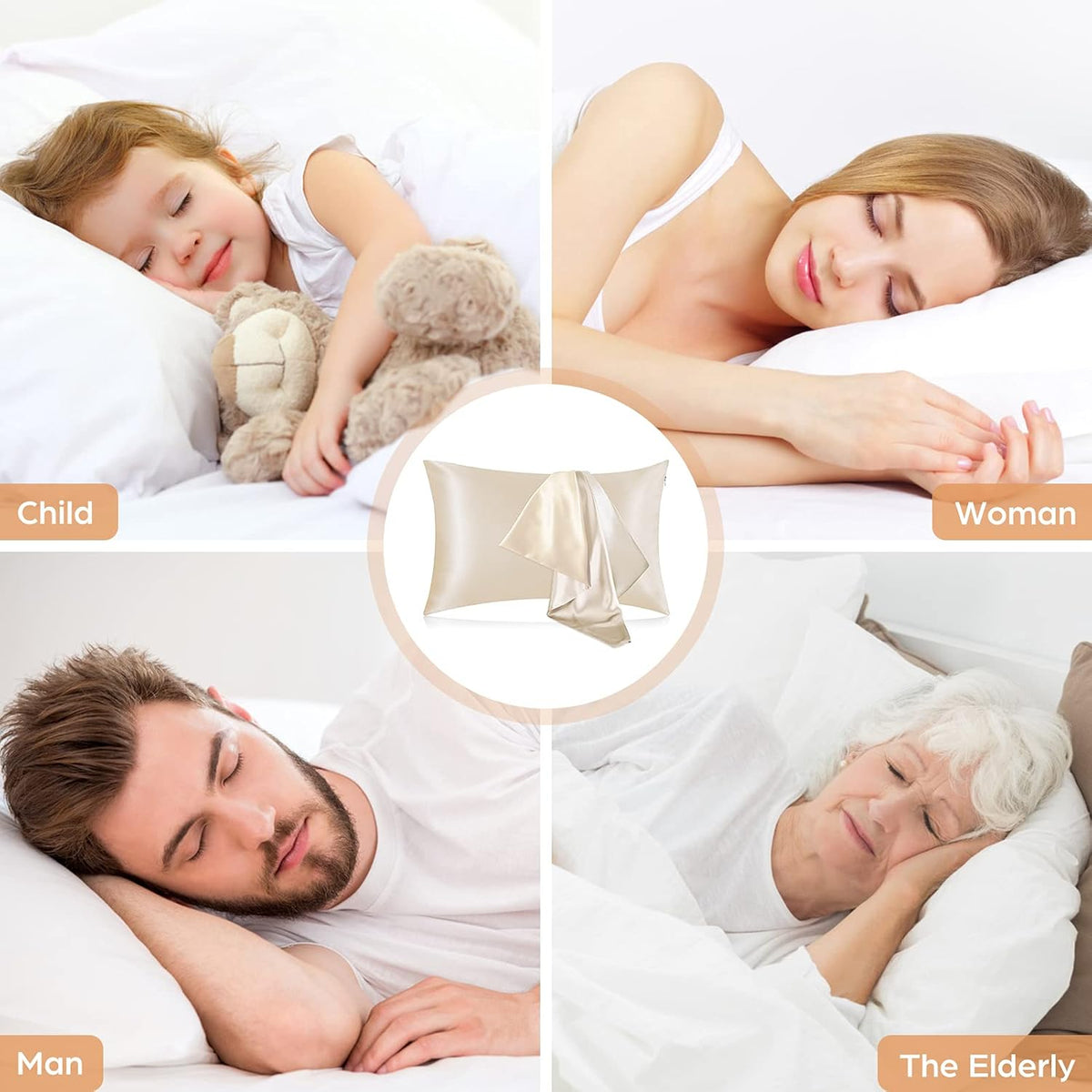 Silk Pillowcase for Hair and Skin, 2 Pack 100% Mulberry Silk Pillowcase 25 Momme, 600 Thread Count, Both Side Pure Silk Pillow Cover with Hidden Zipper (Beige, Standard 20''×26'')