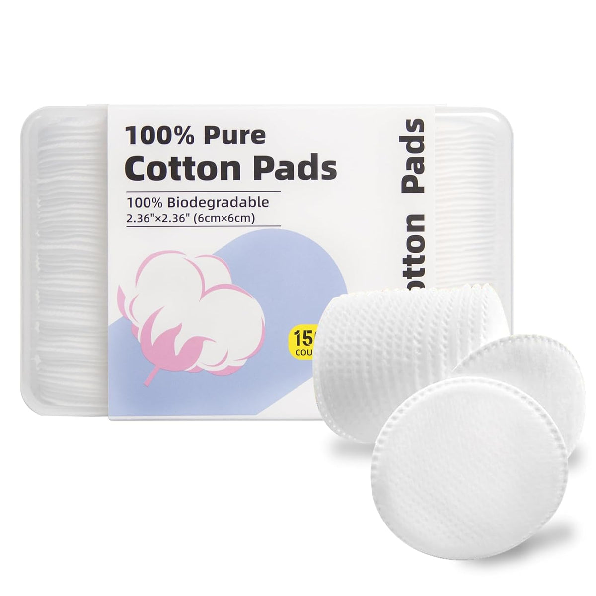 Boxed 100% Cotton Rounds for Face (150), Dual-Texture, Soft, Lint-Free Makeup Remover Pads, Hypoallergenic, Highly Absorbent