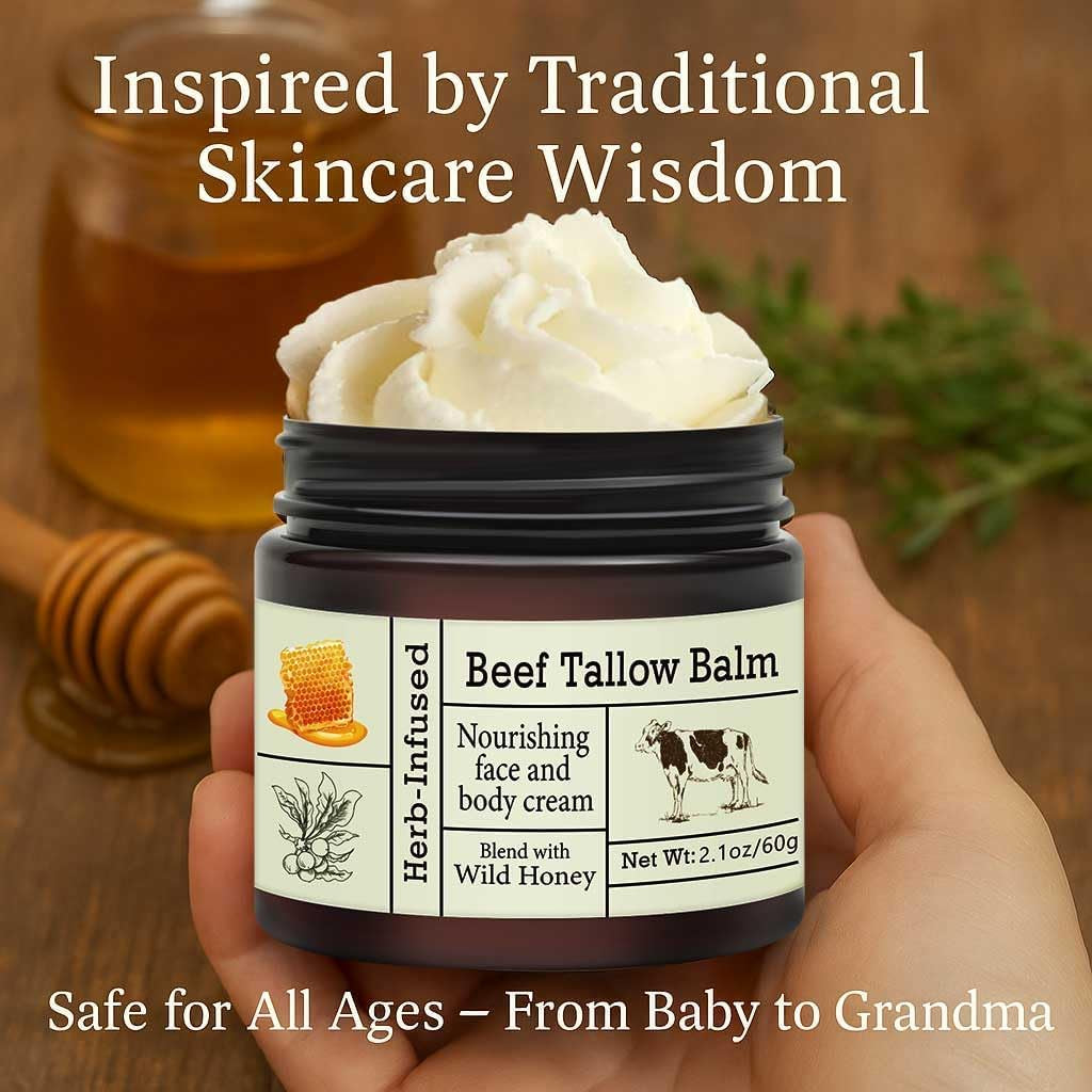 Beef Tallow for Skin - Organic Grass-Fed Whipped Beef Tallow and Honey Balm - Deeply Moisturizing for Face & Body - Natural Skin Care for Soft, Supple Skin