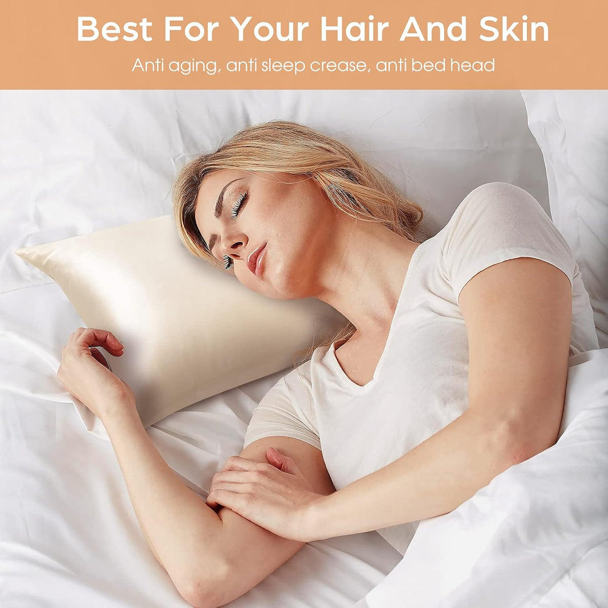 Silk Pillowcase for Hair and Skin, 2 Pack 100% Mulberry Silk Pillowcase 25 Momme, 600 Thread Count, Both Side Pure Silk Pillow Cover with Hidden Zipper (Beige, Standard 20''×26'')