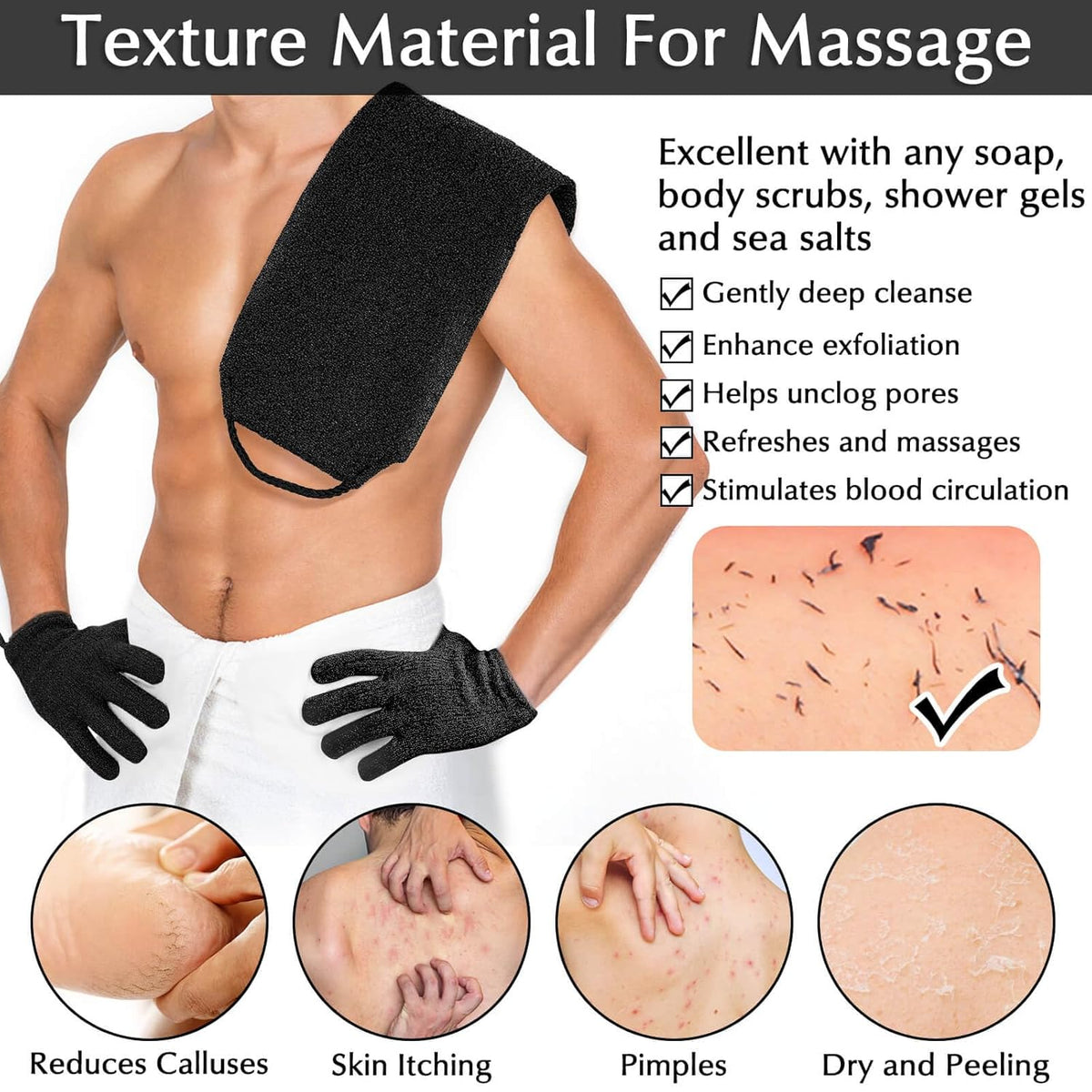 Exfoliating Back Scrubber Bath Gloves Set, Exfoliating Shower Towel with Shower Gloves for Body Scrub, Back Cleaner Wash Gloves to Remove Dead Skin (Black)