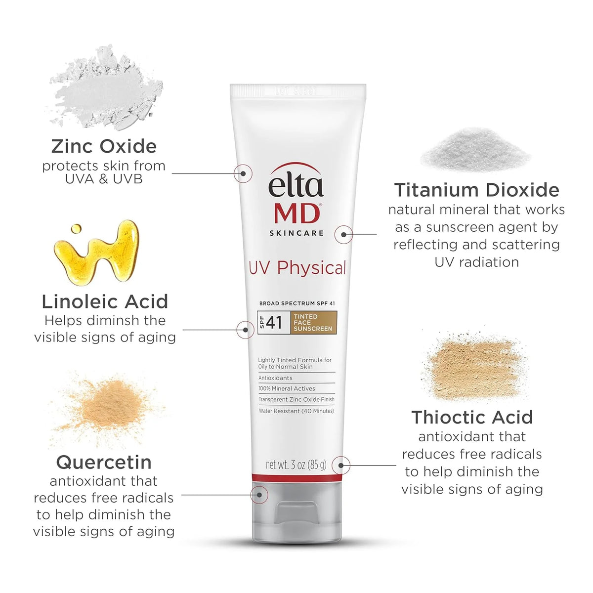 UV Physical Tinted Mineral Sunscreen for Face - SPF 41 Tinted Sunscreen for Face, 100% Mineral, 3.0 Oz Tube