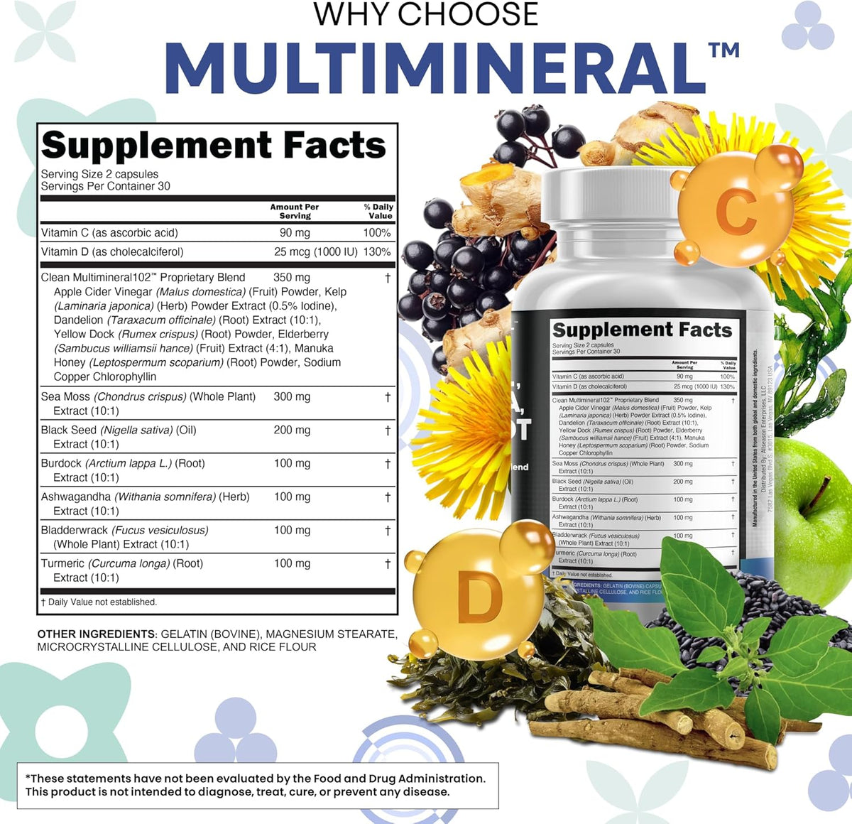 Sea Moss Black Seed Oil Ashwagandha Turmeric Bladderwrack Burdock & Vitamin C Vitamin D3 with Elderberry Manuka Dandelion Yellow Dock Iodine Chlorophyll ACV