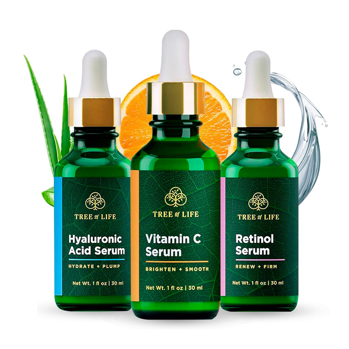 Facial Skin Care Set, Brightening, Firming, Hydrating, Dry Face, Dermatologist Tested - Trio Power Kit, Vitamin C, Retinol and Hyaluronic Acid, 3 Count of 1 Fl Oz