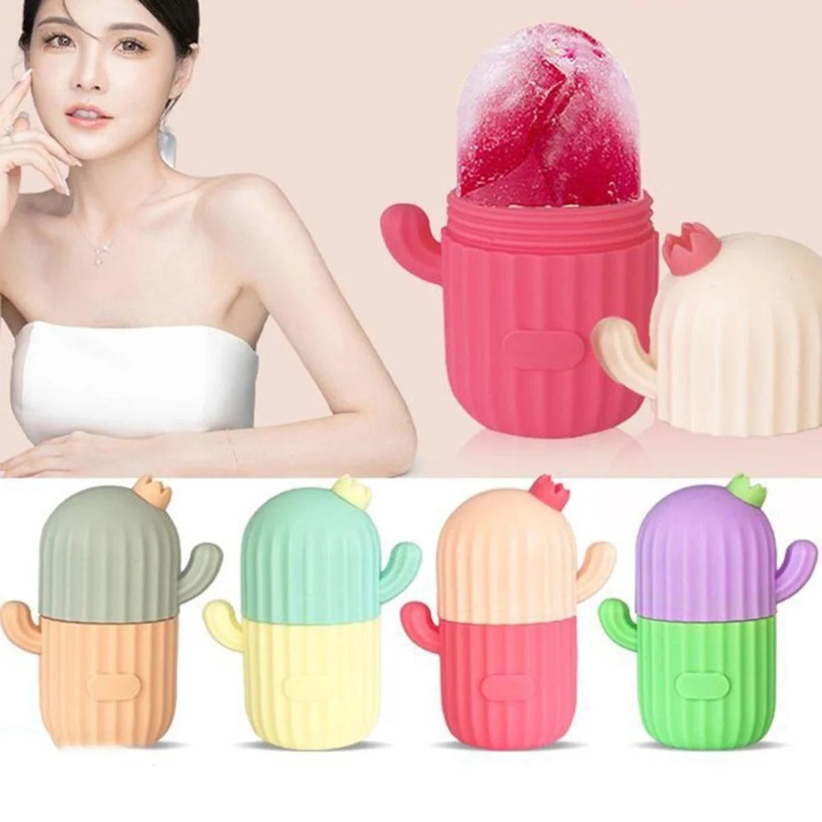 Ice Facial Roller Massager, Reusable Skin Massager, Silicone Face Ice Mold, Facial Massager with Cactus-Shaped Design for Skincare Relaxation Accessories - Green
