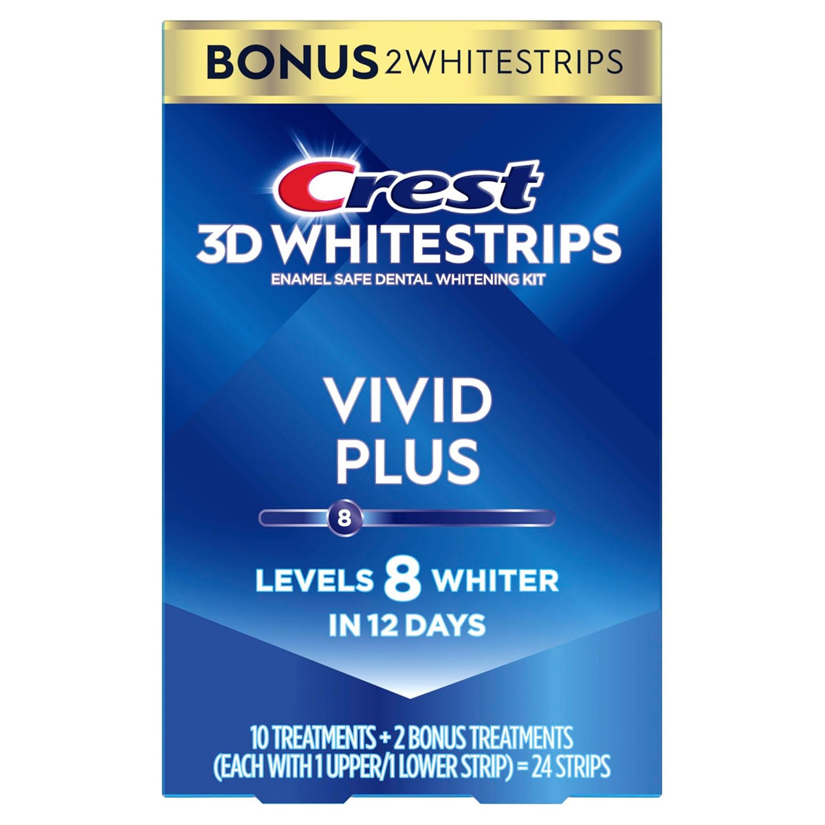 3D Whitestrips Vivid Plus, Teeth Whitening Strip Kit, 10 Treatments + 2 Bonus Treatments (Each with 1 Upper/1 Lower Strip), 24 Strips, 8 Levels Whiter, Teeth Whitening Kit