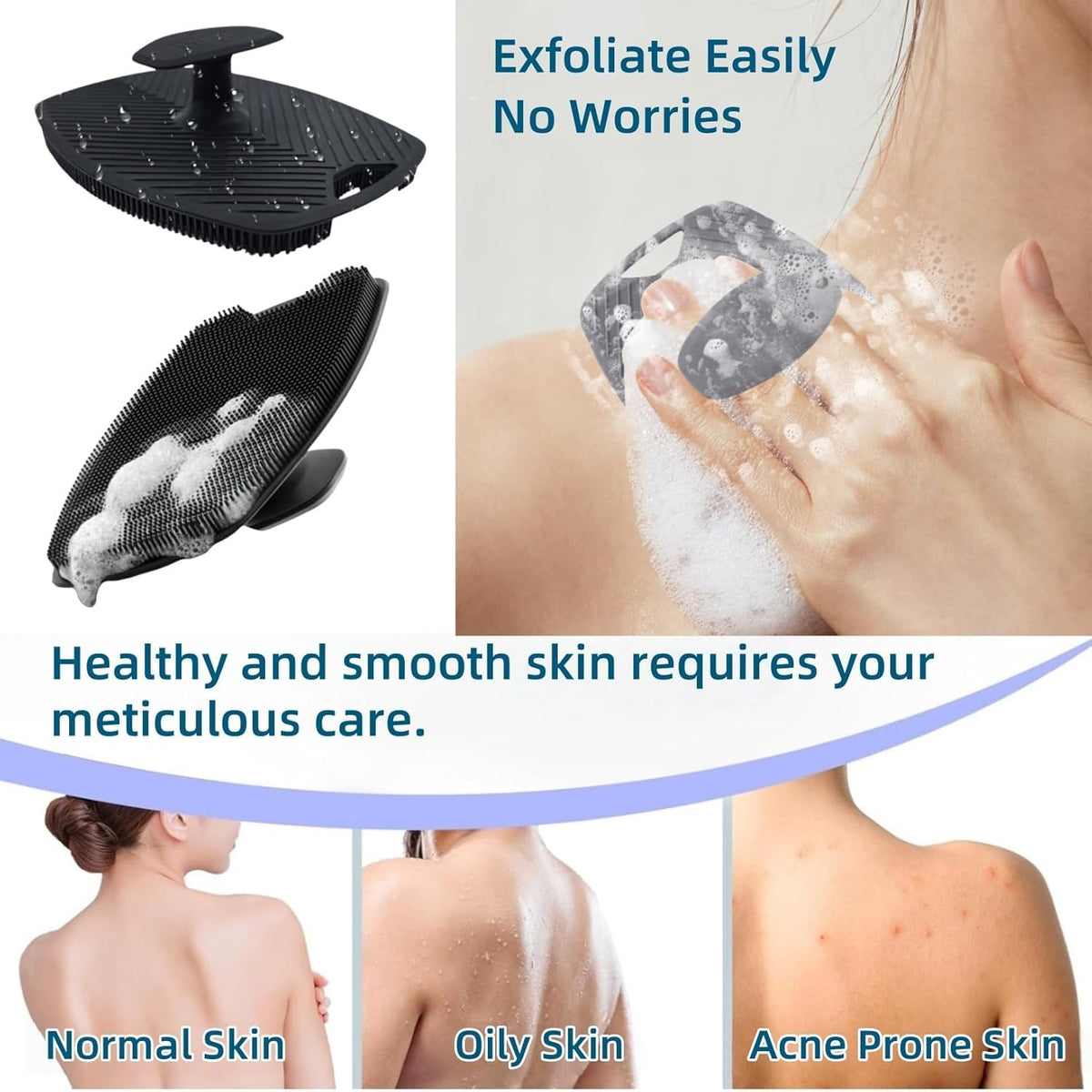 Food-Grade Silicone Body Scrubber, Highly Elastic Bristles Handheld Brush for Shower, Lather Well and Gentle Exfoliating, Makes Skin Smooth, for Women and Men, 2 Pack, Black and Gray
