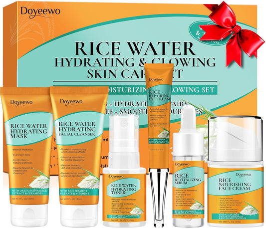 Skin Care Set,Women Teen Glass Skincare Rice Water Hydrate Glow Repair Anti-Aging Facial Routine Kit Gift Set for Womens Mom Wife Teenager Girl Birthday Trendy Stuff Christmas Gifts Stocking Stuffers