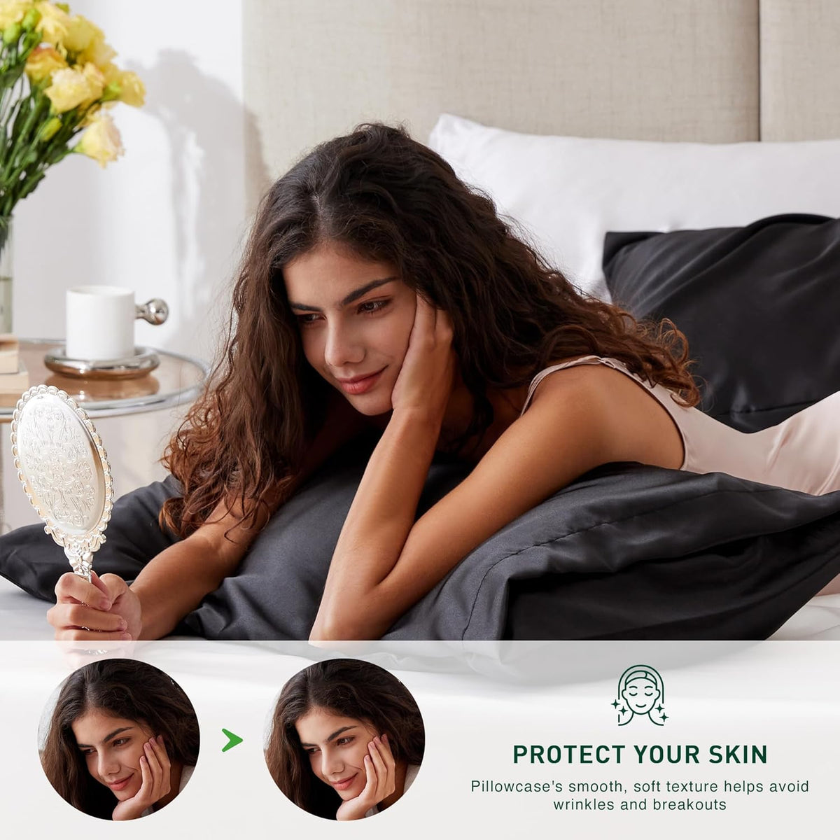 Satin Pillowcase for Hair and Skin, Similar to Silk Pillow Cases for Women, Pillow Case Queen Size Set of 2, Satin Cooling Pillow Cover with Envelope Closure, 20X30 Inches, Black