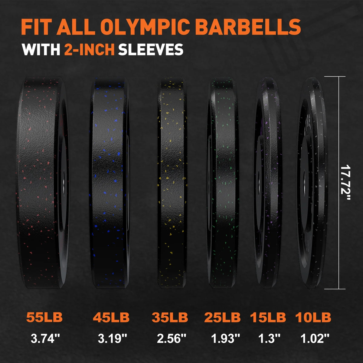 190Lb 2-Inch Olympic Weight Plates, Durable Recycled Rubber - Low Noise & Floor Protection - Quick Identification, 10Lb to 55Lb Weights - Ideal for Weightlifting & Crossfit