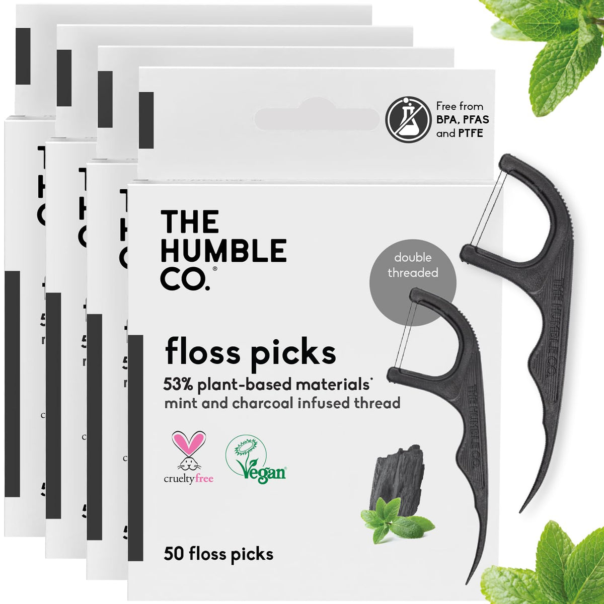 Floss Picks (200 Count) – Plant Based Dental Floss Picks for Superior Oral Care, Dental Hygiene, and Gum Health, Cruelty Free Tooth Floss Picks (Charcoal, Double Thread)
