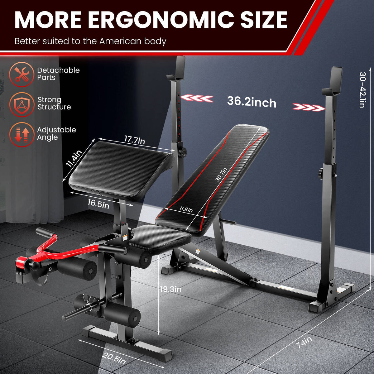 900LBS Olympic Weight Bench Set Adjustable Weight Bench with Barbell Rack, Preacher Curl, Leg Extension Multi-Purpose Workout Bench Set Full Body Strength Training