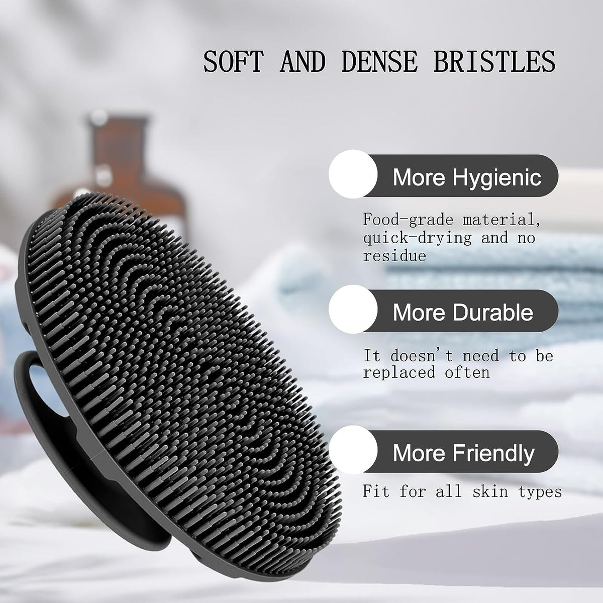 Food-Grade Soft Silicone Body Scrubber Shower Brush Handheld Cleansing Skin Brush, Gentle Exfoliating and Lather Well (Black)
