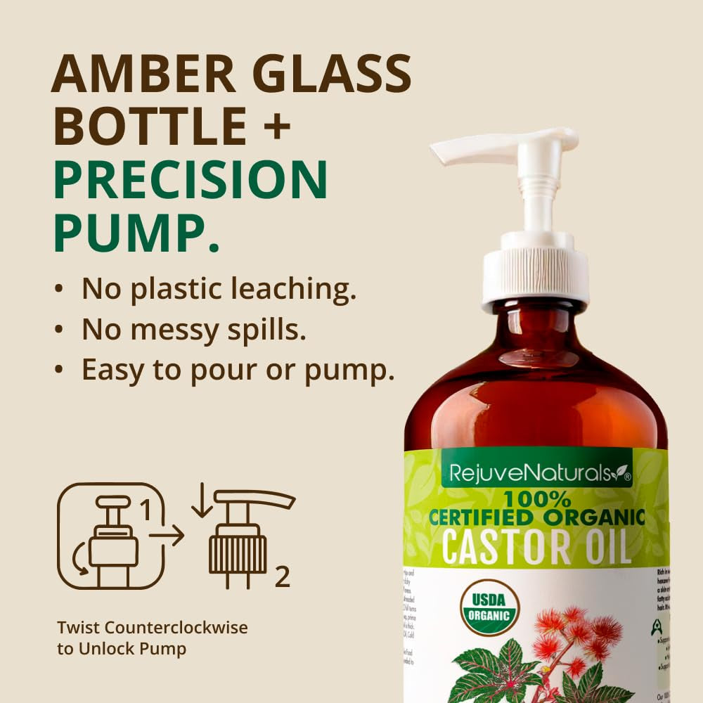 Castor Oil (16Oz Glass Bottle) USDA Certified Organic, 100% Pure, Cold Pressed, Hexane Free. Boost Hair Growth for Thicker, Fuller Hair, Lashes & Eyebrows.