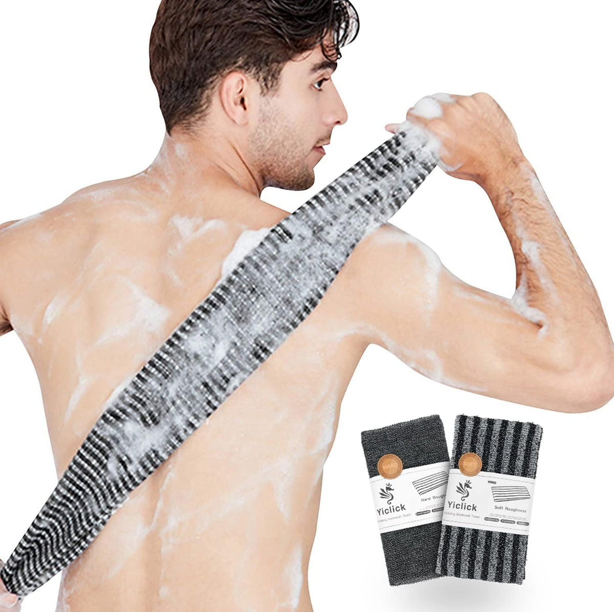 Exfoliating Body Scrubber, Back Scrubber for Shower Bath, Japanese Scrub Wash Cloth, Exfoliating Washcloth Towel for Men Women, Body Exfoliator Loofah Luffa Sponge Net Rag Back Washer (Black)