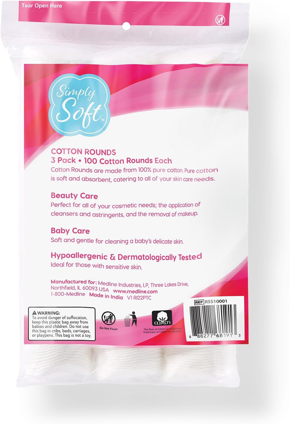 Simply Soft Cotton Rounds (300 Count), 100% Cotton Absorbent and Textured Cotton Pads, Lint-Free