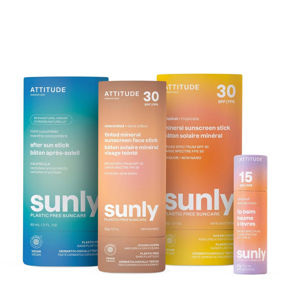 Bundle of  Mineral Sunscreen Stick with Zinc Oxide, SPF 30 + Tinted Mineral Sunscreen, Face Stick, SPF 30 + Lip Balm, SPF 15 + after Sun Stick, Mint & Cucumber
