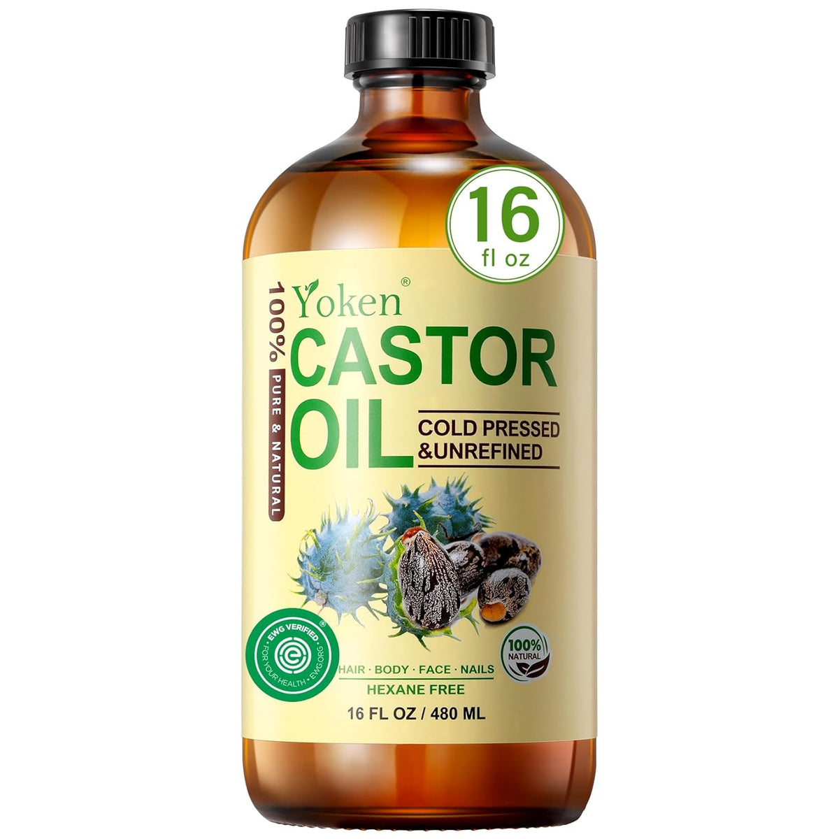 EWG Verified Castor Oil Glass Bottle 16 Fl Oz 100% Pure Natural Cold Pressed Castor Oil for Face, Body, Hair, Eyelash, Skin - Hexane Free, Unrefined, Virgin, Rich Fatty Acid for Caster Pack Wrap