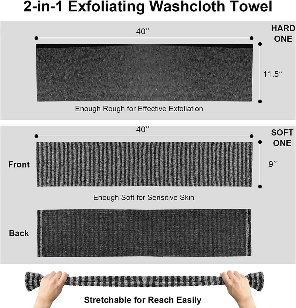 Exfoliating Body Scrubber, Back Scrubber for Shower Bath, Japanese Scrub Wash Cloth, Exfoliating Washcloth Towel for Men Women, Body Exfoliator Loofah Luffa Sponge Net Rag Back Washer (Black)