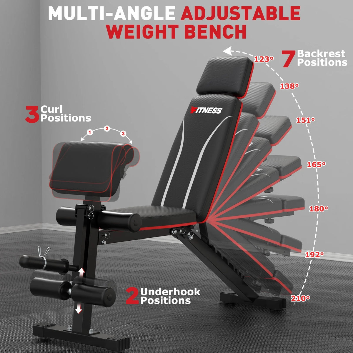 7 Positions Adjustable Weight Bench with Extended Headrest & Preacher Curl,Foldable Workout Bench Olympic Weight Bench for Home Gym Full Body Strength Training,Support up to 800Lbs