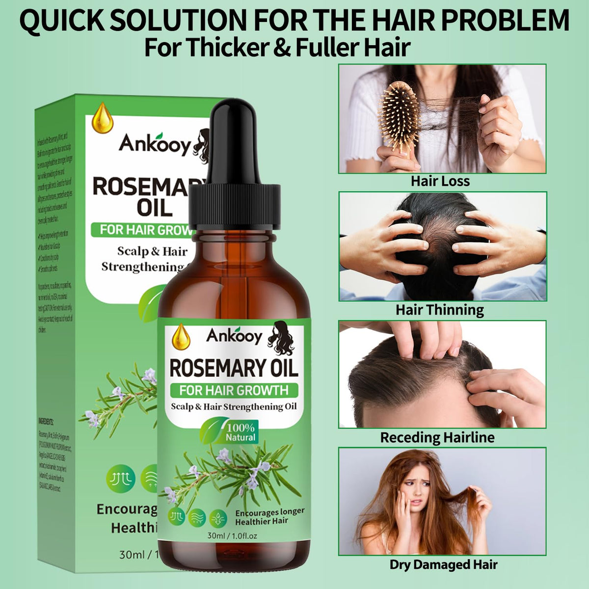 3 Pack Rosemary Oil for Hair Growth,Rosemary Hair Growth Oil,Hair Strengthening Serum for Dry Damaged Hair,Hair Loss Treatment & Thickens Hair,Scalp Care Promotes Hair Thickness for Men Women