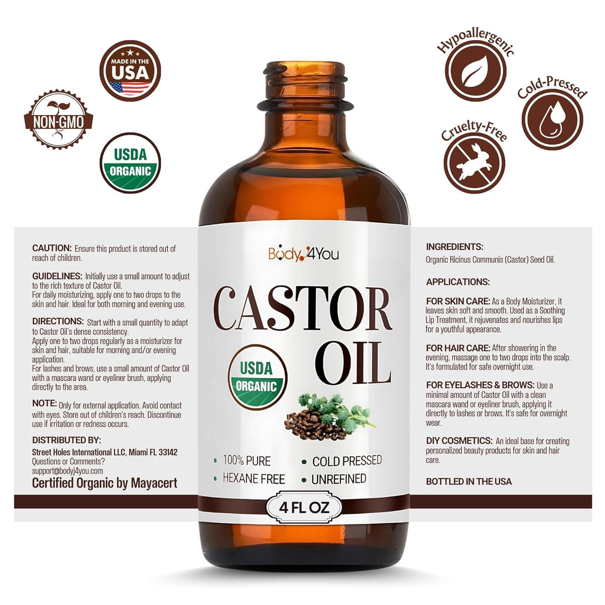 Organic Castor Oil (4Oz) - 100% Pure Natural Cold-Pressed Hexane-Free USDA Certified - Glass Bottle - Hair Growth Oil for Scalp Eyelashes Face Skin - Dry Skin Moisturizer Natural Hair Care