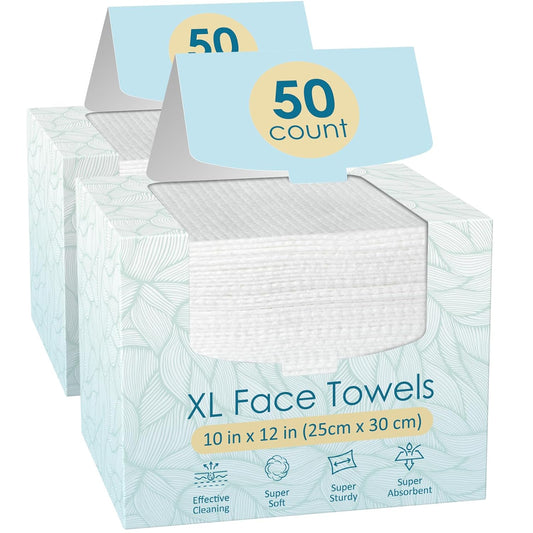 100 Count (2 Box) XL Disposable Face Towels 10” X 12”, 100% Viscose Fibre, Soft & Skin Friendly Face Towelettes Disposable, Facial Tissue Wipes for Women Cleansing